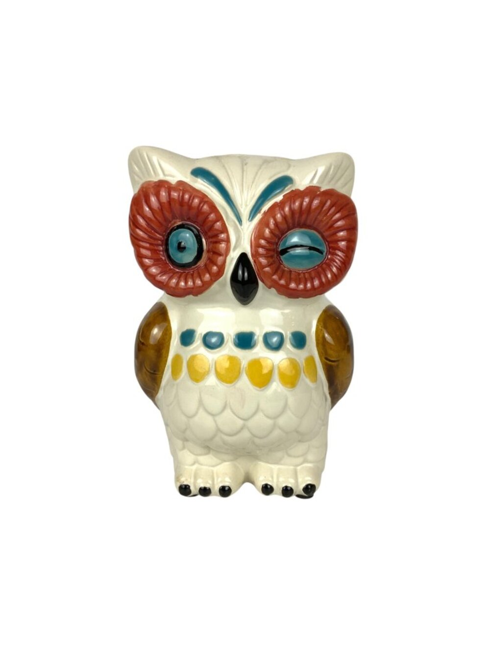 Ceramic Owl Coin Bank With Colorful Painted Details & Rubber Stopper